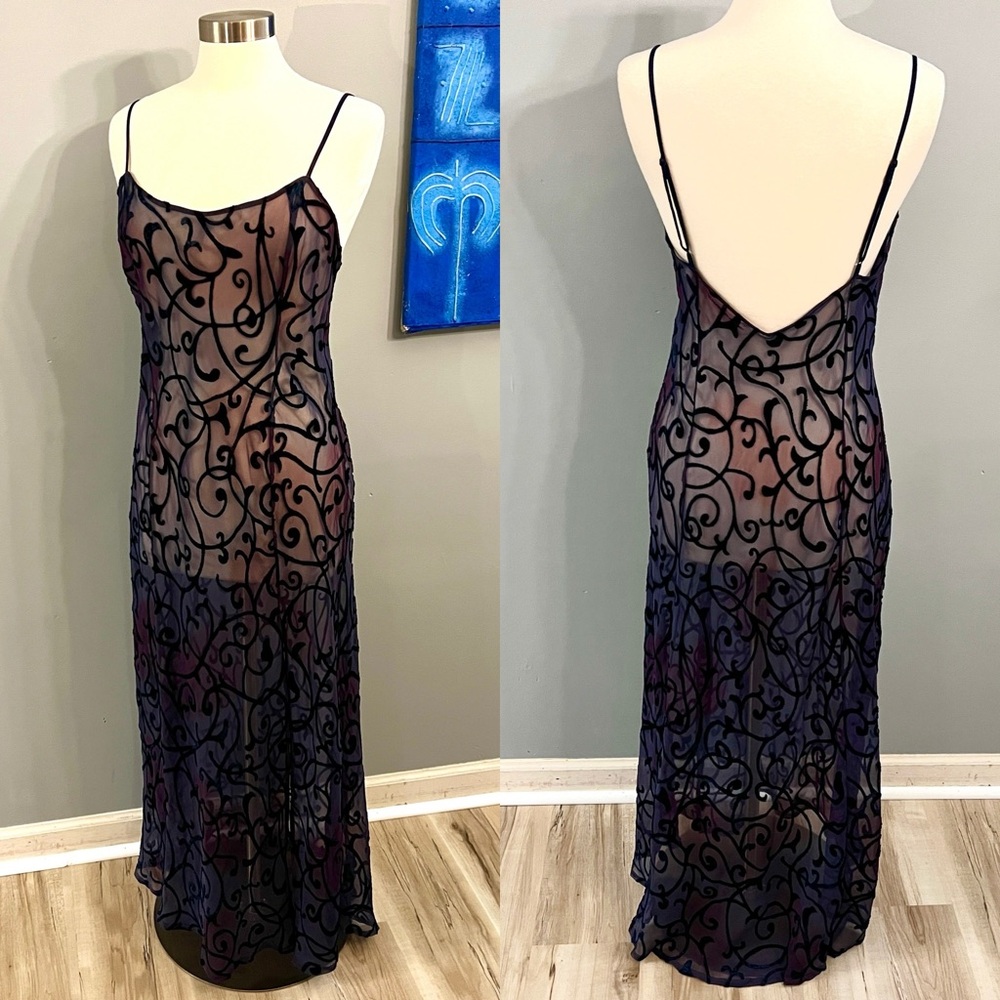 Vintage 90s Victoria’s Secret Burnout Velvet Sheer Purple Long Slip/Gown Large
